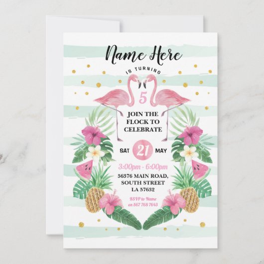 Invitation Le troupeau d'anniversaire de Flamant rose (Devant)