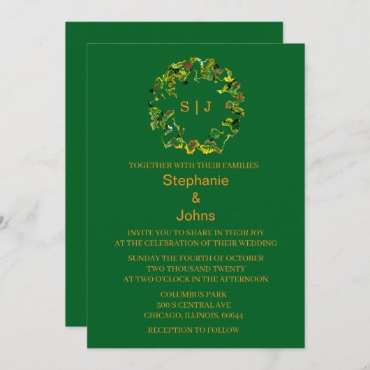 Invitation Leaf Crest Monogram Orange Forest Green Wedding (Devant / Derrière)