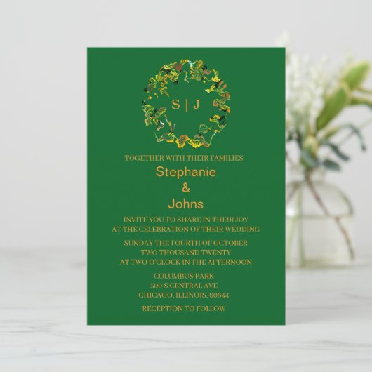 Invitation Leaf Crest Monogram Orange Forest Green Wedding (Debout devant)