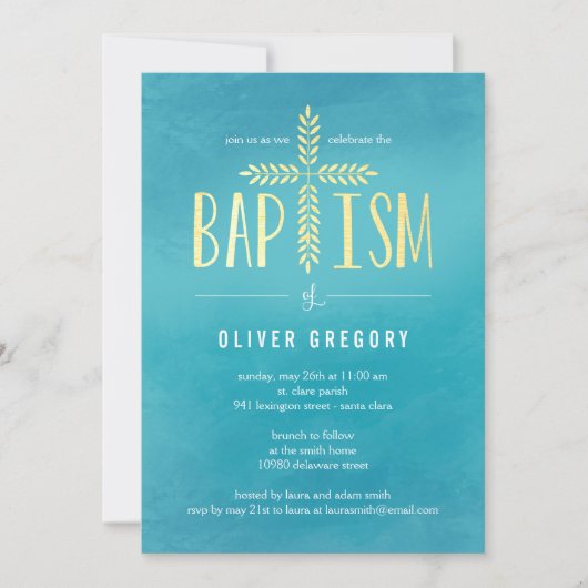 Invitation Leafy Cross Baptism Invite Blue (Devant)