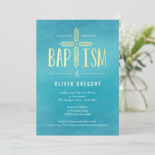 Invitation Leafy Cross Baptism Invite Blue (Debout devant)