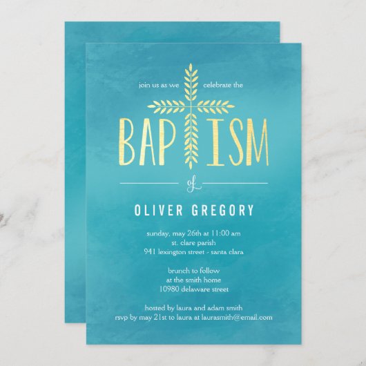 Invitation Leafy Cross Baptism Invite Blue (Devant / Derrière)