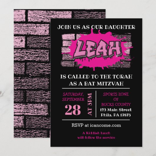 Invitation LEAH Graffiti Name Brick Wall Bat Mitzvah Einladun (Devant / Derrière)