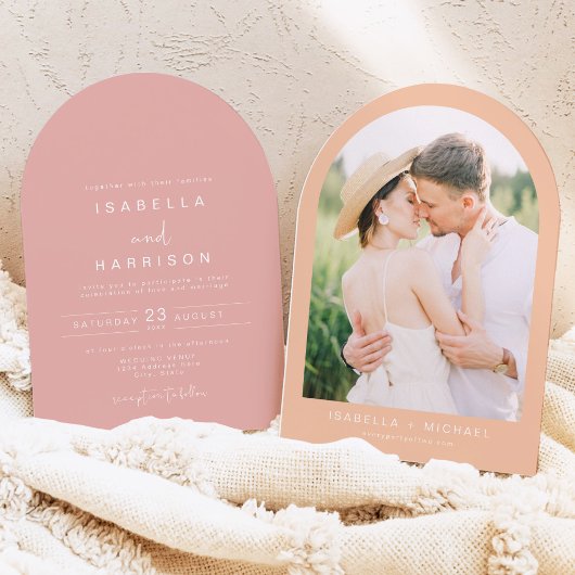 Invitation LEAH Modern Arched Coral rose Mariage photo