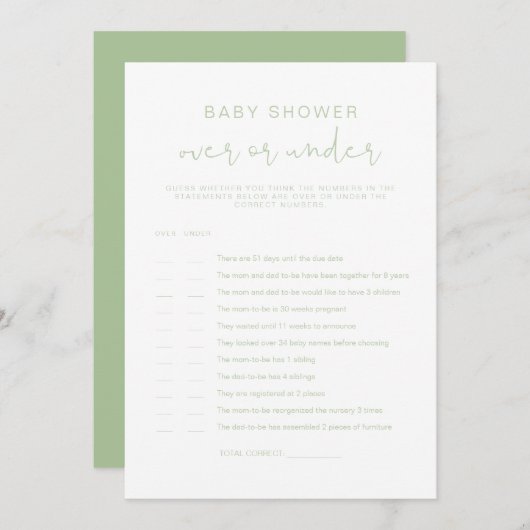 Invitation LEAH Pastel Green Over Under Baby shower Game