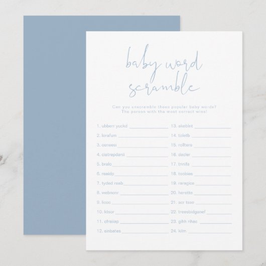 Invitation LEAH Vibrant Pastel Blue Baby Word Scramble Jeu (Devant / Derrière)