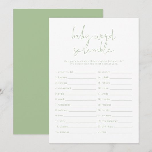 Invitation LEAH Vibrant Pastel Green Baby Word Scramble Jeu (Devant / Derrière)