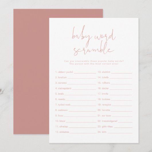 Invitation LEAH Vibrant Pastel Rose Baby Word Scramble Jeu (Devant / Derrière)