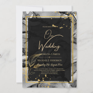 Invitation LeahG® Black Gold Alcohol Ink Wedding INVITE