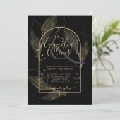 Invitation LeahG Black Gold Feuilles de mariage moderne INVIT (Debout devant)