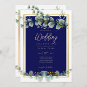Invitation LeahG BLEU NAVY OR VERT Eucalyptus Mariage (Devant / Derrière)