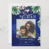 Invitation LeahG Bleu Tropical Rose Floral Mariage (Devant)