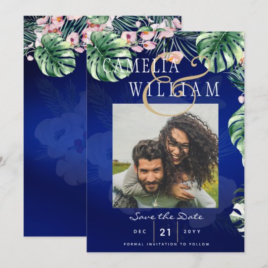Invitation LeahG Bleu Tropical Rose Floral Mariage (Devant / Derrière)