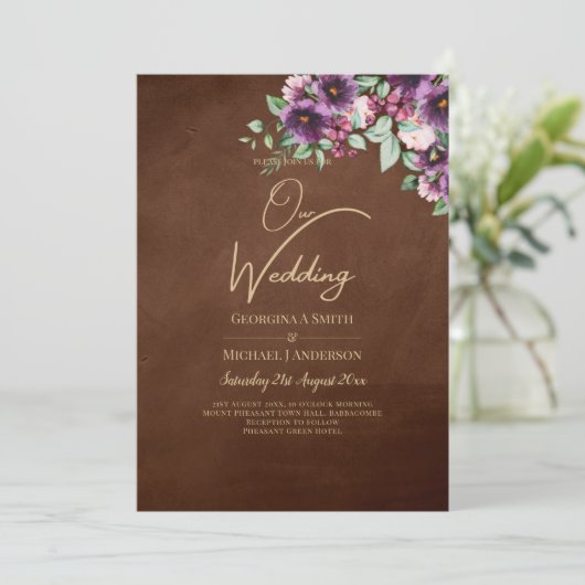 Invitation LeahG Brown Berry Plum violet Mariage automne hive (Debout devant)