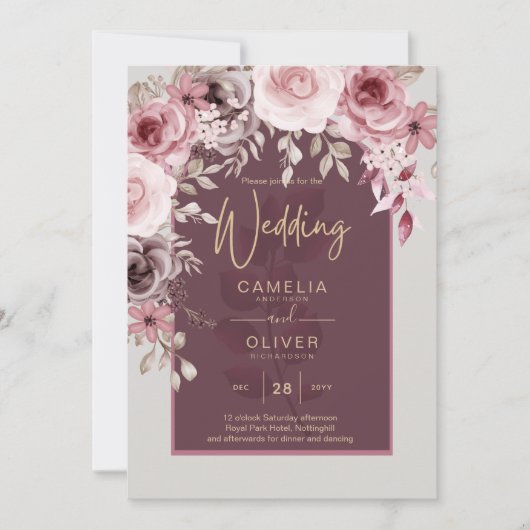 Invitation LeahG Burgundy Blush Rose Roses Mariage de automne (Devant)