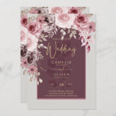 Invitation LeahG Burgundy Blush Rose Roses Mariage de automne (Devant / Derrière)