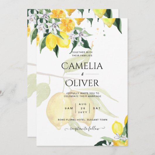 Invitation LeahG Citrus Lemons Budget Mariage Inviter Jaune (Devant / Derrière)