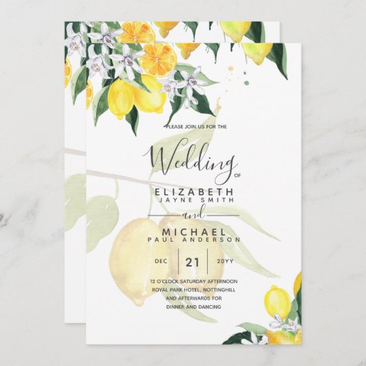 Invitation LeahG Citrus Mariage de citrons jaunes Invite (Devant / Derrière)