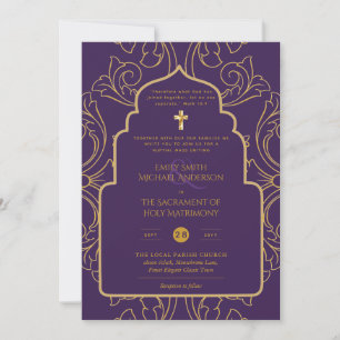 Invitation LeahG Elegant Purple Gold Mariage catholique