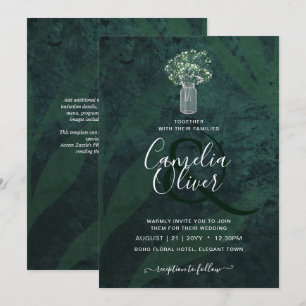 Invitation LeahG Emerald Green Gypsophila Mason Jar Mariage