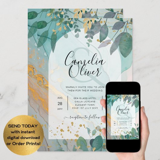 Invitation LeahG encre de seaglass Turquoise or vert Mariage 