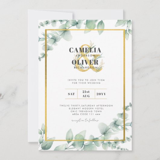 Invitation LeahG Eucalyptus Green Gold MARIAGE QR CODE (Devant)