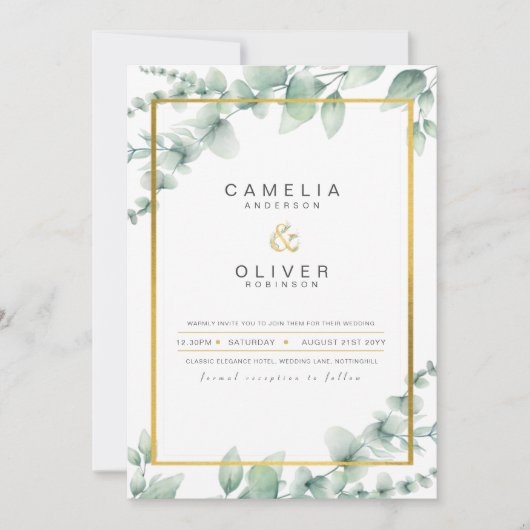 Invitation LeahG Eucalyptus Green Gold MARIAGE QR CODE Inv (Devant)