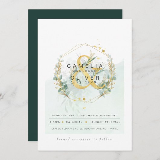 Invitation LeahG Eucalyptus Green Mariage or QR CODE INV (Devant / Derrière)
