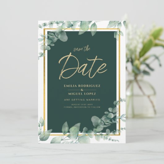 Invitation LeahG Eucalyptus Verdure Or CODE QR DE MARIAGE (Debout devant)