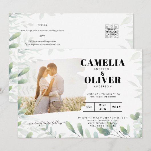 Invitation LeahG Feuilles de la verdure PHOTO OVERLAY Mariage (Devant / Derrière)