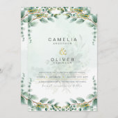 Invitation LeahG Green Eucalyptus Gold Wedding Inviter QR C (Devant / Derrière)