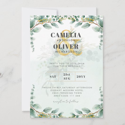 Invitation LeahG Green Eucalyptus Gold Wedding Inviter QR C (Devant)