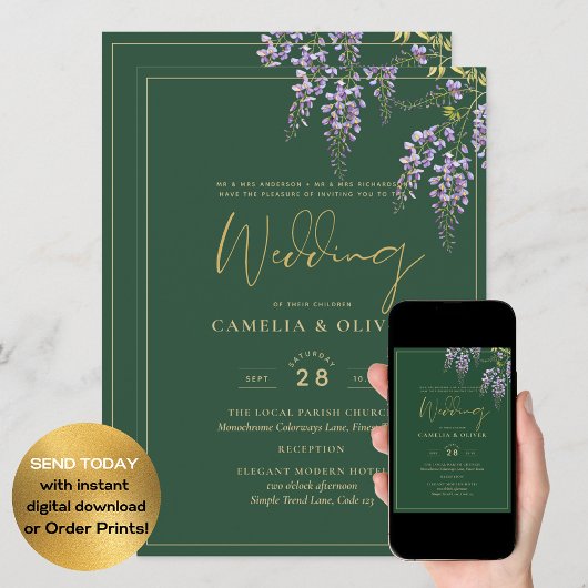 Invitation LeahG Green Purple Gold WISTERIA Wedding INVITE