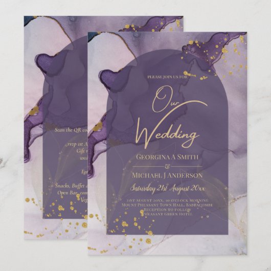 Invitation LeahG Ink Ombre violet Lavender Mariage or (Devant / Derrière)