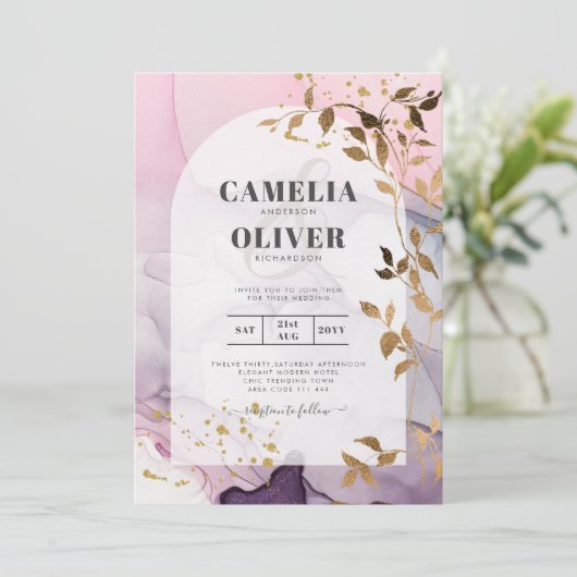 Invitation LeahG Ink Ombre violet rose rose Mariage or (Debout devant)