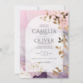 Invitation LeahG Ink Ombre violet rose rose Mariage or (Devant)