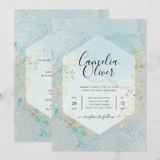 Invitation LeahG INK Verre de mer Turquoise Gold Aqua INVITAT (Devant / Derrière)