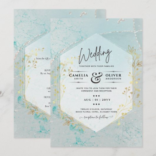 Invitation LeahG INK Verre de mer Turquoise Gold Aqua INVITAT (Devant / Derrière)