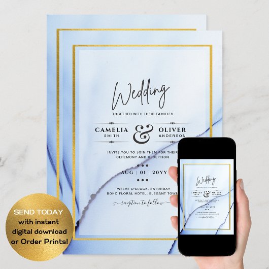 Invitation LeahG Marine Blue Gold INK Mariage Abstrait INVITE