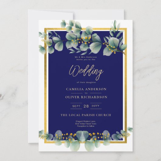 Invitation LeahG NAVY BLUE OR Vert Eucalyptus Mariage (Devant)