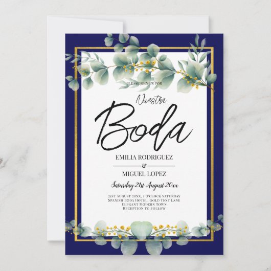 Invitation LeahG NAVY BLUE OR Vert Eucalyptus Mariage (Devant)