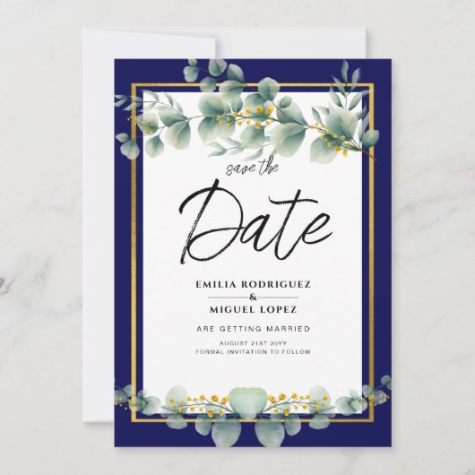 Invitation LeahG NAVY BLUE OR Vert Eucalyptus Mariage (Devant)