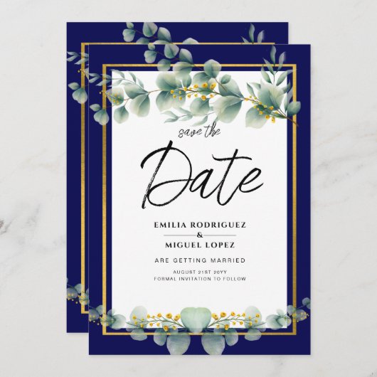 Invitation LeahG NAVY BLUE OR Vert Eucalyptus Mariage (Devant / Derrière)