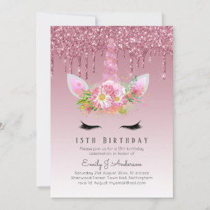 Invitation LeahG Parties scintillant rose Unicorn Filles Invi