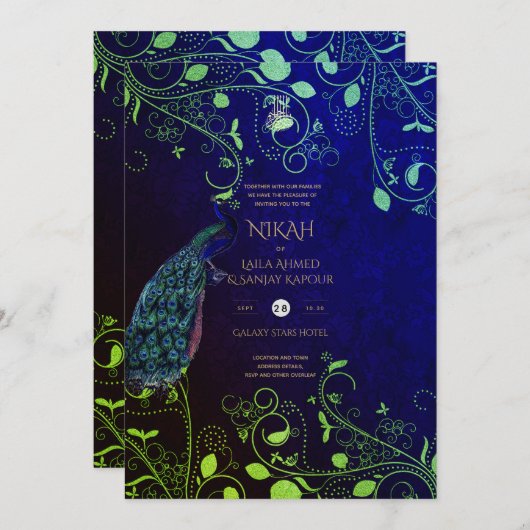 Invitation LeahG Peacock Bleu Islam Mariage invite (Devant / Derrière)