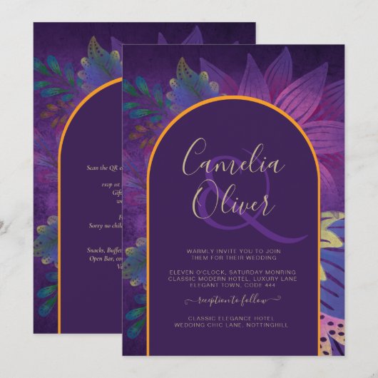 Invitation LeahG Plum Purple Gold JEWEL TONES Mariage INVITE (Devant / Derrière)
