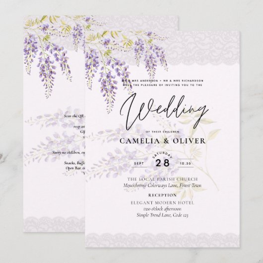 Invitation LeahG Purple WISTERIA Dentelle Florale Mariage INV (Devant / Derrière)