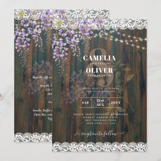 Invitation LeahG Rustic WISTERIA Dentelle Floral Wedding INVI (Devant / Derrière)
