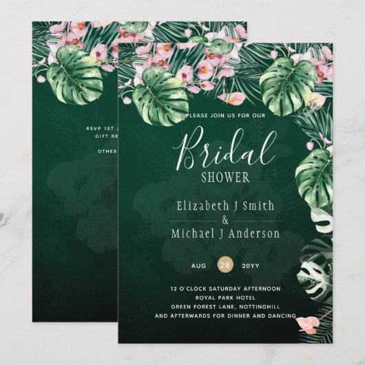 Invitation LeahG Tropical Green rose Mariage de feuille flora (Devant / Derrière)