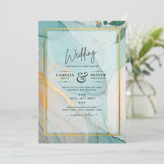 Invitation LeahG Verre de mer Turquoise Gold INK Mariage INVI (Debout devant)